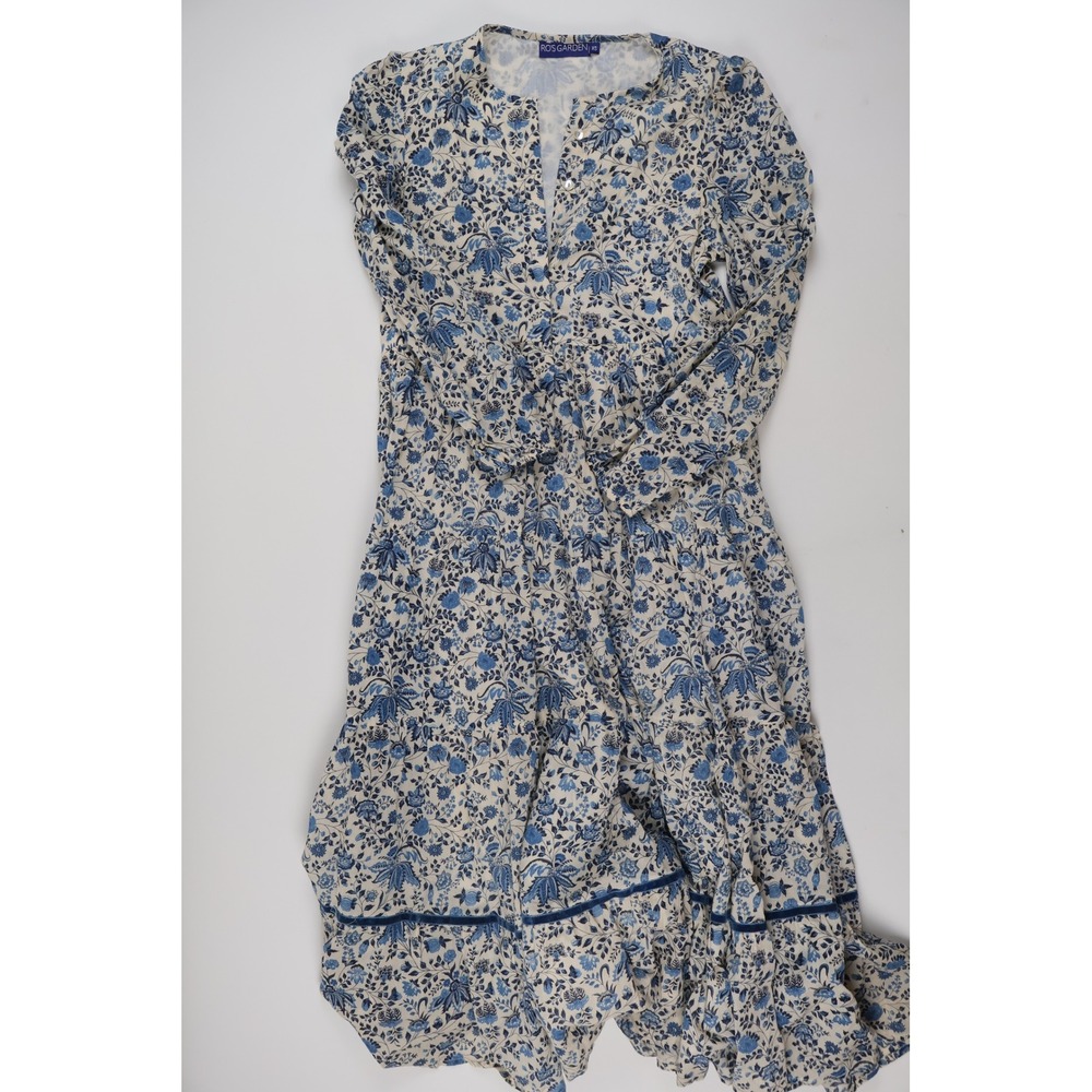 Ro's Garden Maxi Dress Floral Block Print Blue White XS Cotton